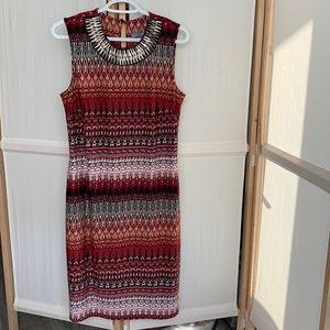 Classy orange/black/white summer sleeveless dress, beaded collar, Sears, size 16